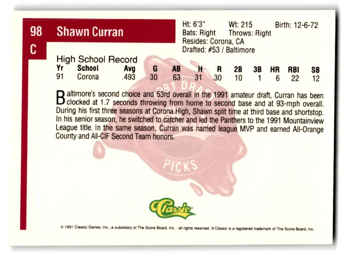 1991 Classic Four Sport #98 Shawn Curran - Baseball Card Single