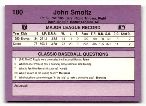 1991 Classic Game #180 John Smoltz EX/NM Braves ID:49053 - Baseball Card Single
