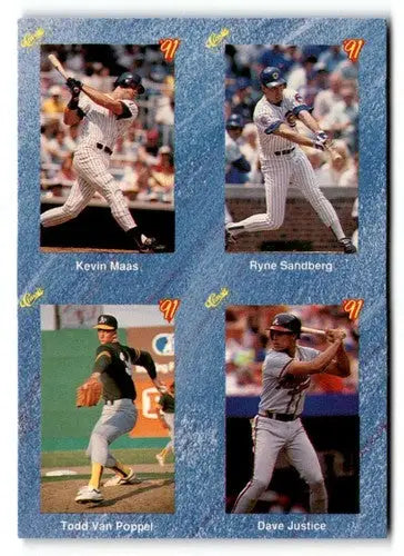 Baseball card collage featuring NNO Todd Van Poppel Dave Justice and Ryne Sandberg