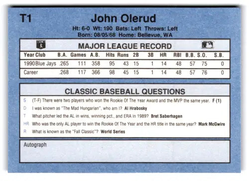 1991 Classic I #T1 John Olerud NM Near Mint Blue Jays ID:77236 - Baseball Card Single