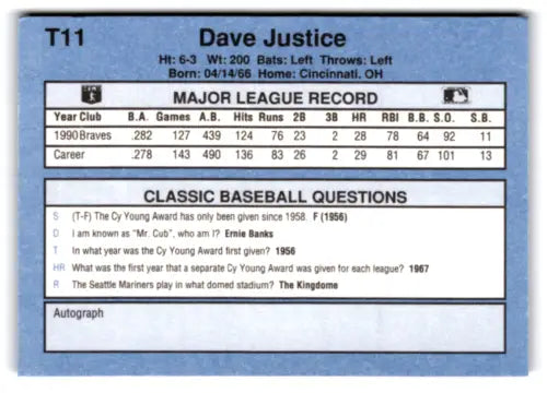 Original gloss T11 David Justice baseball card from 1991 Classic I collection