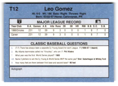 Original gloss 1991 Classic I T12 Leo Gomez baseball card Orioles NM Near Mint
