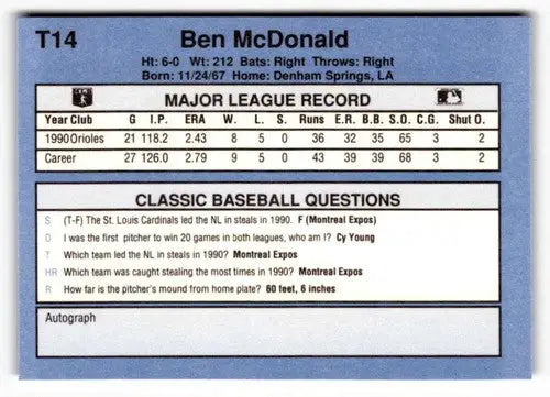 Original gloss T14 Ben McDonald baseball card from 1991 Classic I series