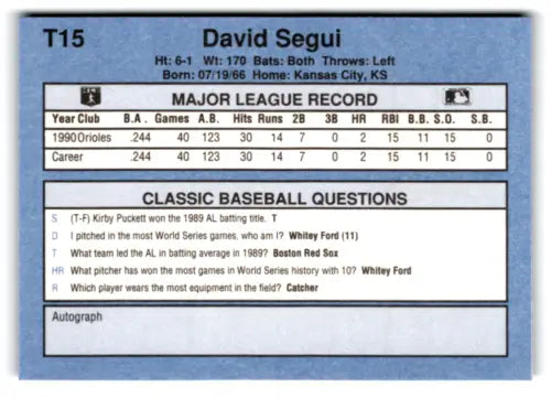 Original gloss 1991 Classic I T15 David Segui baseball card Orioles near mint