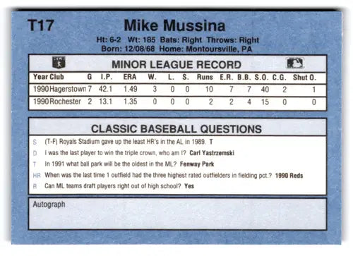 Original gloss T17 Mike Mussina baseball card from 1991 Classic I T17 Mike collection