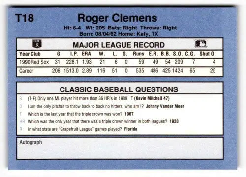 1991 Classic I #T18 Roger Clemens NrMt-Mt ID:50977 - Baseball Card Single