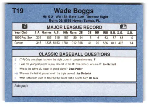 Wade Boggs baseball card with original gloss from 1991 Classic I T19 Red Sox