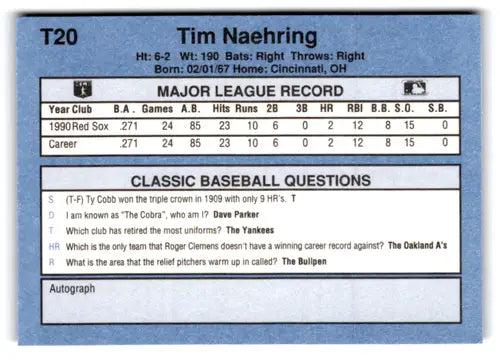 1991 Classic I #T20 Tim Naehring NM Near Mint Red Sox ID:77244 - Baseball Card Single