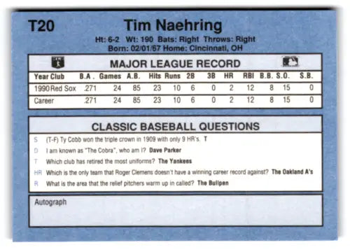 Original gloss 1991 Classic I T20 Tim Naehring baseball card mint Red Sox ID 77244