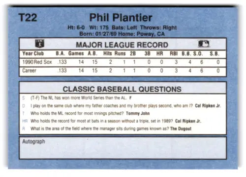 Original gloss T22 Phil Plantier baseball card in 1991 Classic I near mint condition