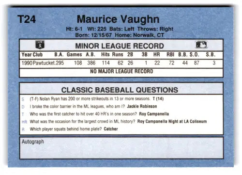1991 Classic I #T24 Mo Vaughn NM Near Mint Red Sox ID:77248 - Baseball Card Single