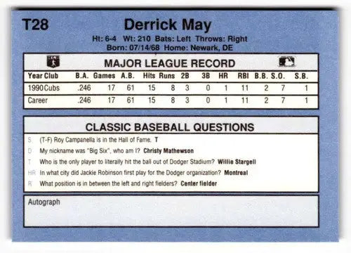 1991 Classic I #T28 Derrick May NrMt-Mt ID:50982 - Other
