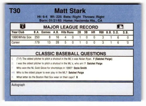 Original gloss 1991 Classic I T30 Matt Stark baseball card for collectors