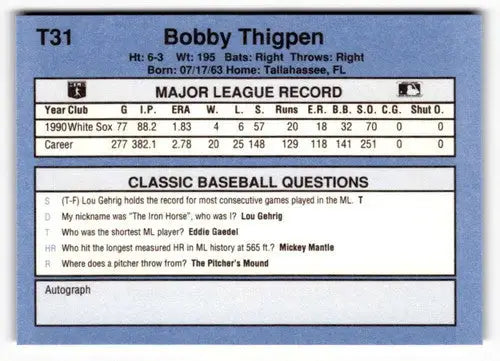 Original gloss T31 Bobby Thigpen baseball card from 1991 Classic I product
