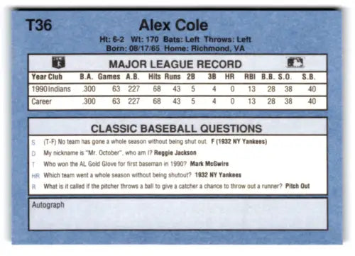 Original gloss T36 Alex Cole baseball card from 1991 Classic I #T36 NM Near Mint Indians ID 77252