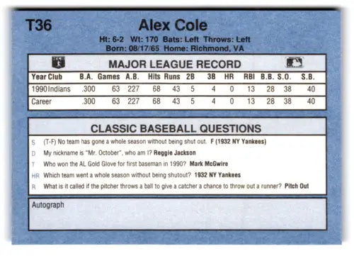 1991 Classic I #T36 Alex Cole NM Near Mint Indians ID:77252 - Baseball Card Single