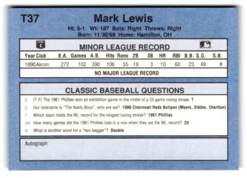 Original gloss T37 Mark Lewis baseball card from 1991 Classic I Indians collection