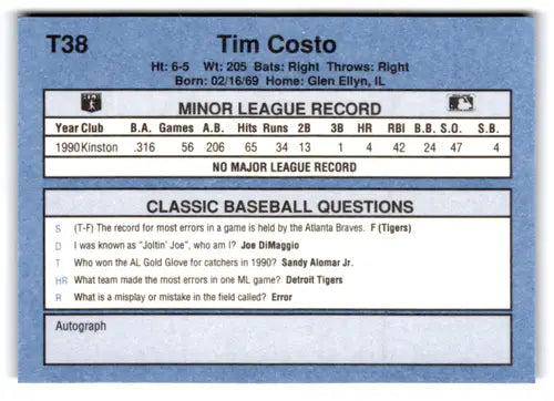 1991 Classic I #T38 Tim Costo NM Near Mint Indians ID:77254 - Baseball Card Single