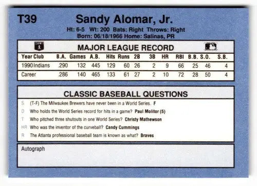 Original gloss T39 Sandy Alomar Jr. baseball card from 1991 Classic I series