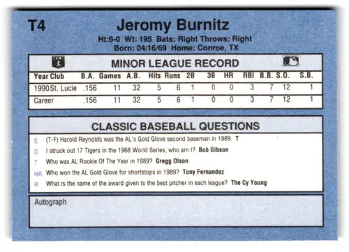 Original gloss Jeromy Burnitz baseball card from 1991 Classic I Mets NM Near Mint
