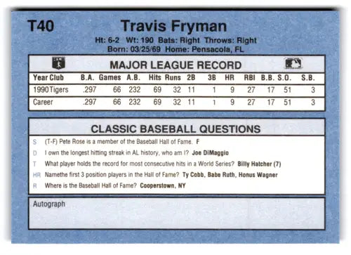 Original gloss T40 Travis Fryman baseball card from 1991 Classic I near mint Tigers