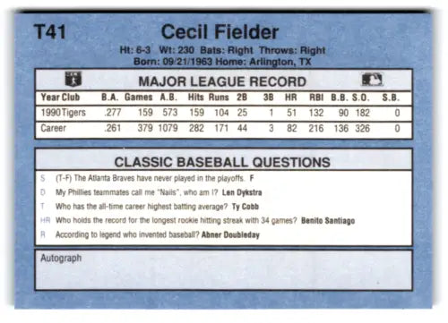 1991 Classic I T41 Cecil Fielder baseball card with original gloss Tigers ID 77256