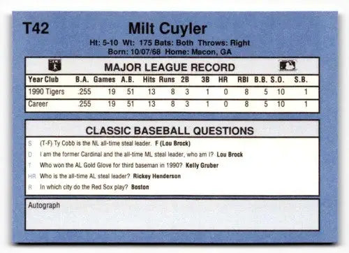 1991 Classic I T42 Milt Cuyler baseball card, near mint to mint condition