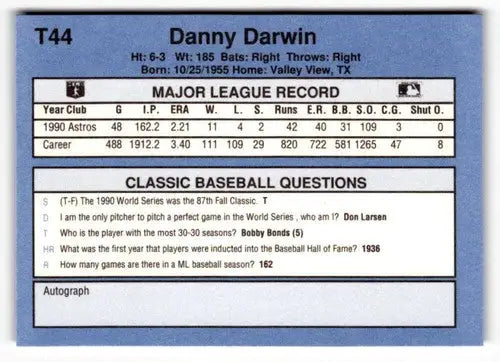 1991 Classic I T44 Danny Darwin baseball card front view high-quality collectible