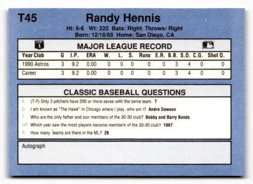 1991 Classic I #T45 Randy Hennis NrMt-Mt ID:50965 - Baseball Card Single