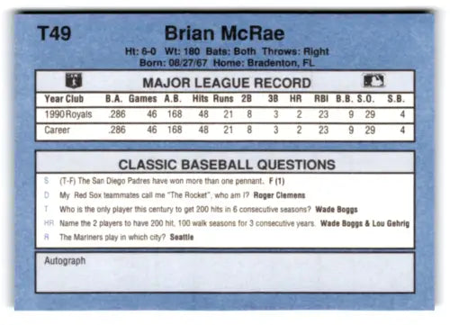 Original gloss T49 Brian McRae baseball card from 1991 Classic I collection