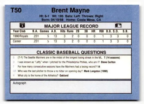 Original gloss T50 Brent Mayne baseball card from 1991 Classic I series