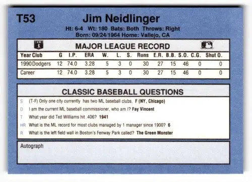 1991 Classic I T53 Jim Neidlinger baseball card, near mint to mint condition