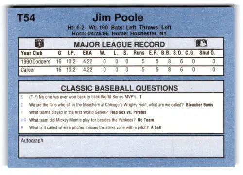 1991 Classic I #T54 Jim Poole NM Near Mint Dodgers ID:77262 - Baseball Card Single