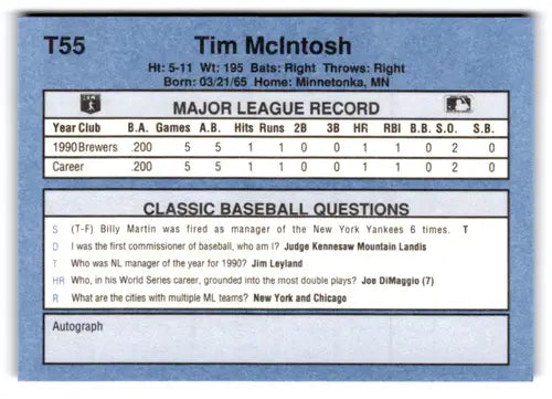 1991 Classic I #T55 Tim McIntosh NM Near Mint Brewers ID:77263 - Baseball Card Single