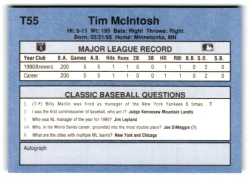 Original gloss T55 Tim McIntosh baseball card in 1991 Classic I series near mint condition