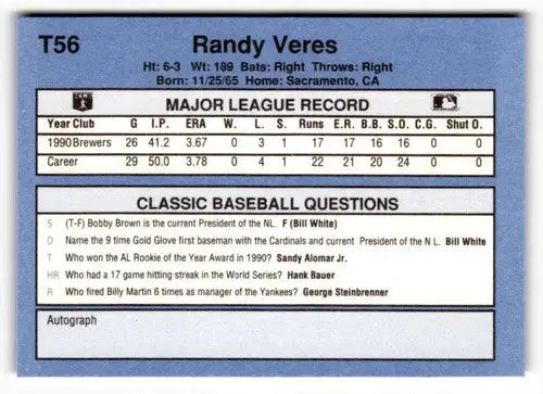 1991 Classic I T56 Randy Veres baseball card with original gloss, mint condition