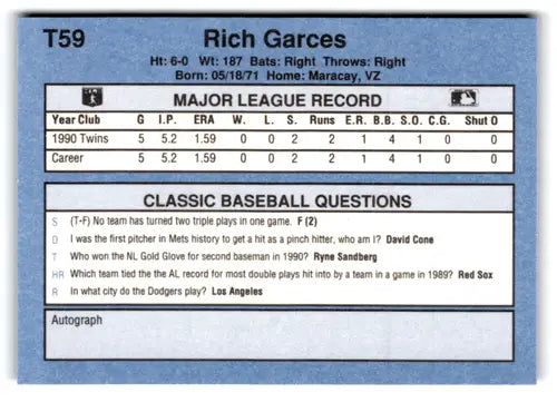 1991 Classic I #T59 Rich Garces NM Near Mint Twins ID:77265 - Baseball Card Single