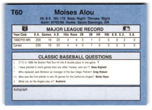 Original gloss T60 Moises Alou baseball card from 1991 Classic I T60 Moises Alou series