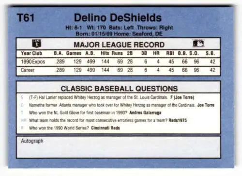 1991 Classic I T61 Delino DeShields baseball card with original gloss in NrMt-Mt condition