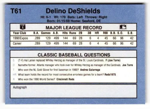 1991 Classic I #T61 Delino DeShields NrMt-Mt ID:50988 - Baseball Card Single
