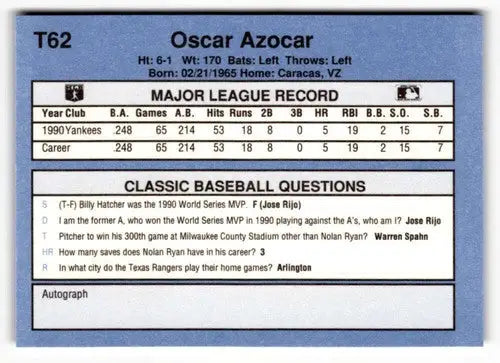 Baseball card back of T62 Oscar Azocar from 1991 Classic I #T62 auction