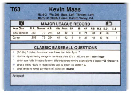 Original gloss 1991 Classic I T63 Kevin Maas baseball card Yankees NM Near Mint