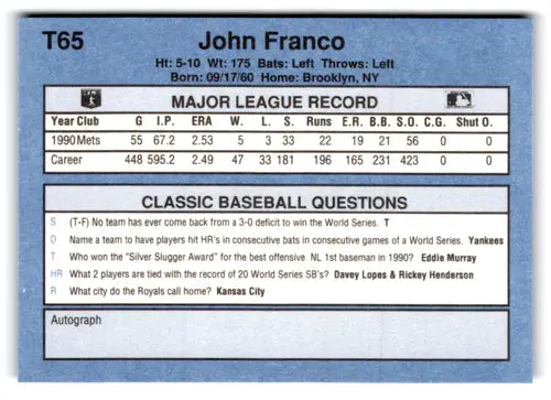 1991 Classic I #T65 John Franco NM Near Mint Mets ID:77268 - Baseball Card Single