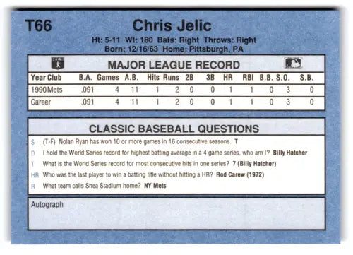 1991 Classic I #T66 Chris Jelic NM Near Mint Mets ID:77269 - Baseball Card Single