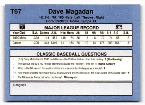 T67 Dave Magadan baseball card from 1991 Classic I #T67 Dave Magadan NrMt-Mt