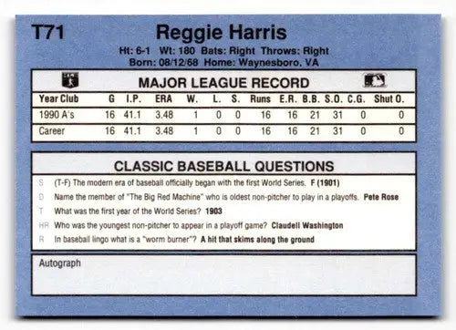 1991 Classic I T71 Reggie Harris baseball card with original gloss in NrMt-Mt condition