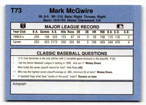 1991 Classic I T73 Mark McGwire baseball card showcasing Mark McGwire rookie card