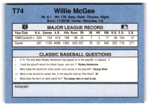 T74 Willie McGee baseball card from 1991 Classic I, NM Near Mint Athletics ID 77272