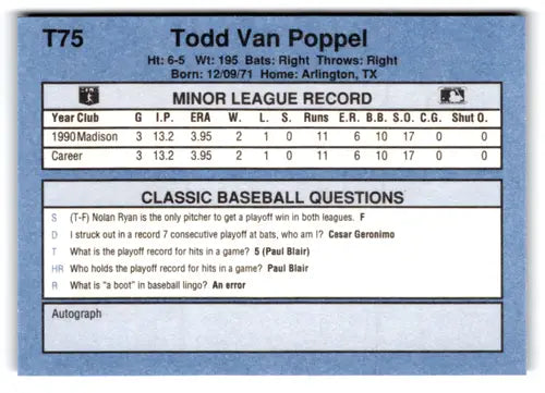 1991 Classic I T75 Todd Van Poppel baseball card Athletics near mint condition