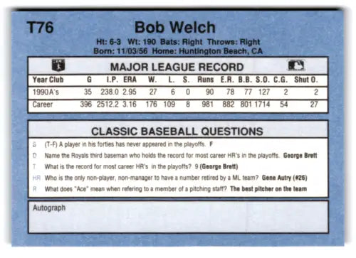 Original gloss T76 Bob Welch baseball card from 1991 Classic I Athletics series